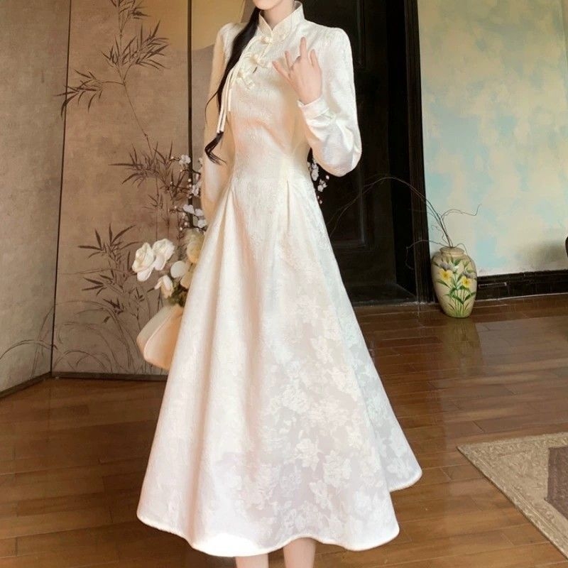 Cheongsam u neokineskom stilu, jacquard haljina, debela i topla za jesen i zimu, vintage elegancija u nacionalnom stilu