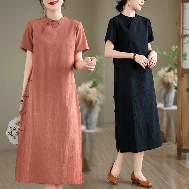 Ljetna haljina od pamuka i lana, istočnoazijski stil, visok ovratnik, kratkih rukava, A-linijski kroj, literarno-retro stil