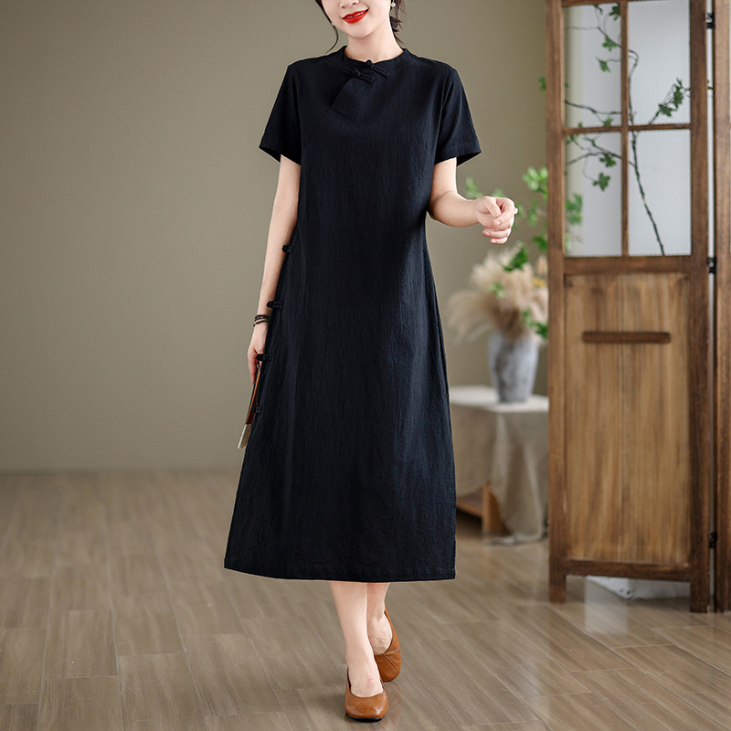 Ljetna haljina od pamuka i lana, istočnoazijski stil, visok ovratnik, kratkih rukava, A-linijski kroj, literarno-retro stil