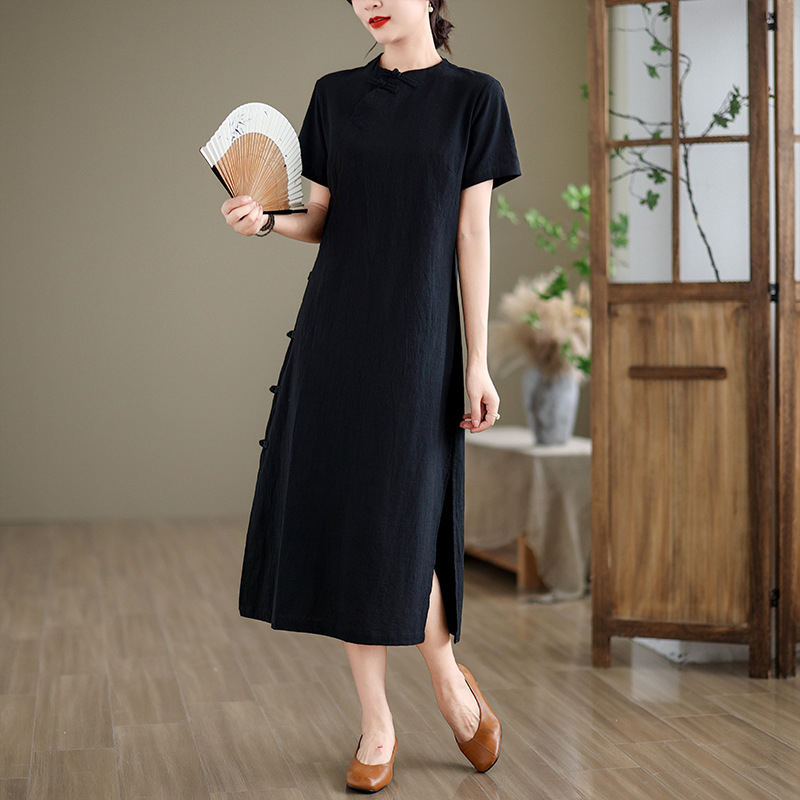 Ljetna haljina od pamuka i lana, istočnoazijski stil, visok ovratnik, kratkih rukava, A-linijski kroj, literarno-retro stil
