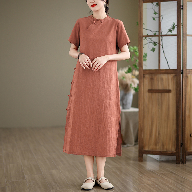 Ljetna haljina od pamuka i lana, istočnoazijski stil, visok ovratnik, kratkih rukava, A-linijski kroj, literarno-retro stil