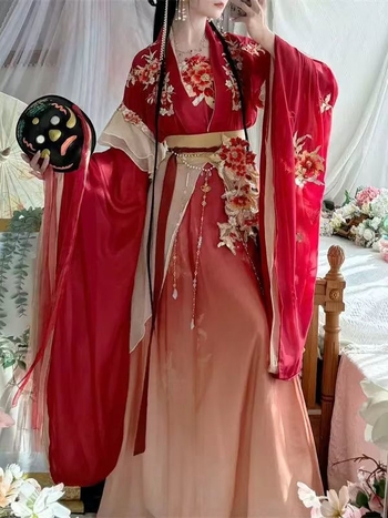 Ženski Hanfu, 2026 novi stil, inspiriran dinastijama Sjever i Jug, široki rukavi, suknja do struka s rasporkom, bogata izvezena ukrasna šivana, crvena i žuta