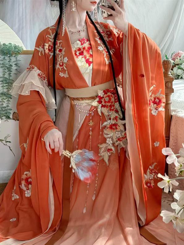 Ženski Hanfu, 2026 novi stil, inspiriran dinastijama Sjever i Jug, široki rukavi, suknja do struka s rasporkom, bogata izvezena ukrasna šivana, crvena i žuta