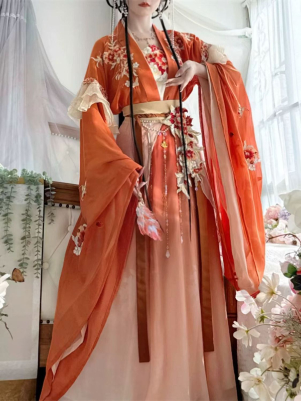 Ženski Hanfu, 2026 novi stil, inspiriran dinastijama Sjever i Jug, široki rukavi, suknja do struka s rasporkom, bogata izvezena ukrasna šivana, crvena i žuta