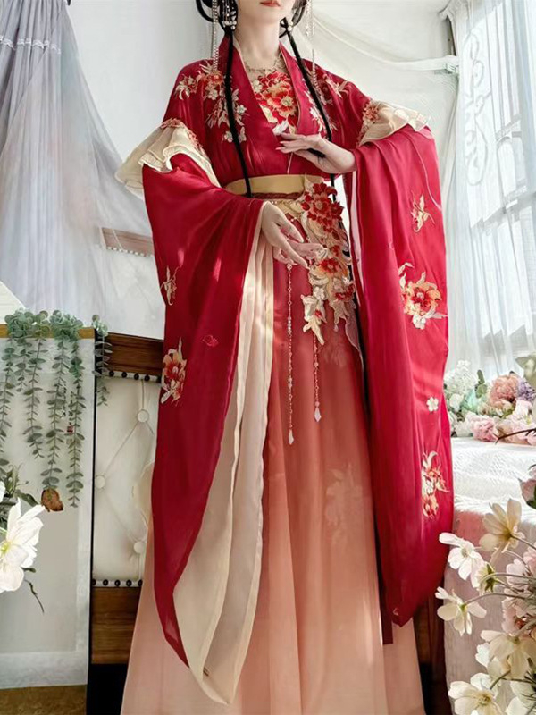 Ženski Hanfu, 2026 novi stil, inspiriran dinastijama Sjever i Jug, široki rukavi, suknja do struka s rasporkom, bogata izvezena ukrasna šivana, crvena i žuta