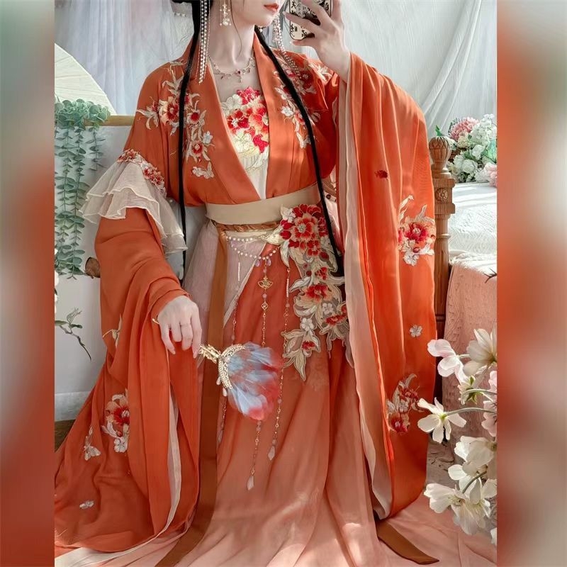 Ženski Hanfu, 2026 novi stil, inspiriran dinastijama Sjever i Jug, široki rukavi, suknja do struka s rasporkom, bogata izvezena ukrasna šivana, crvena i žuta