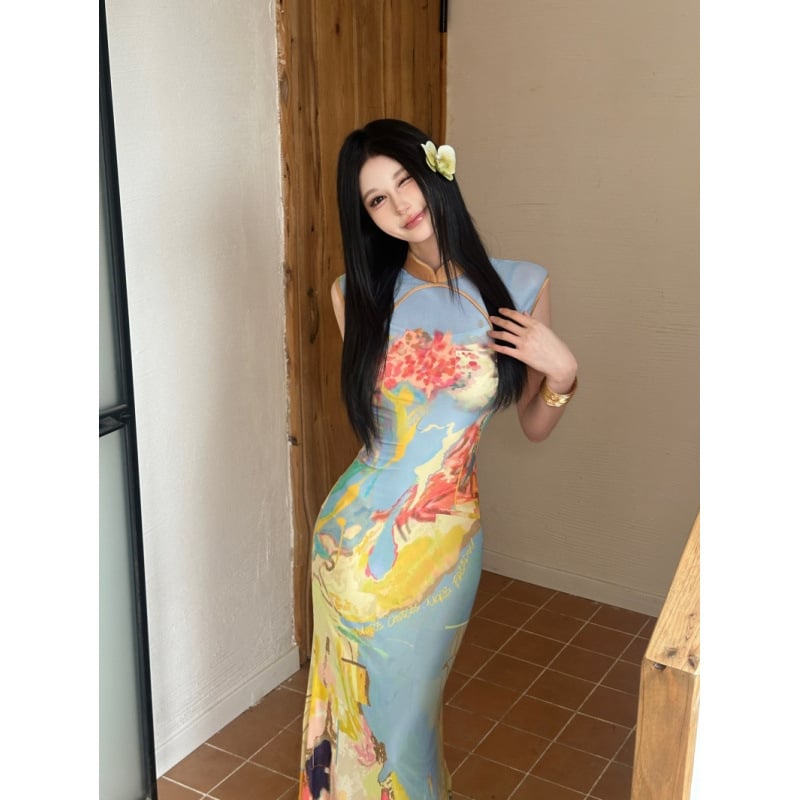 Dvokomponentna haljina u kineskom stilu s tiskom Cheongsam, žene, mrežasti top, bez rukava, visok struk, srednja duljina