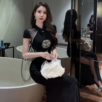 Seksi duga haljina s uskim strukom i izrezom u obliku kapljice, za tehničare u spa centrima i noćnim klubovima, kineski stil nacionalne mode, bodycon