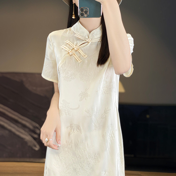 Midi haljina qipao od satena s jacquardom, 2025, novi kineski stil, elegantna retro, za sitnije veličine.