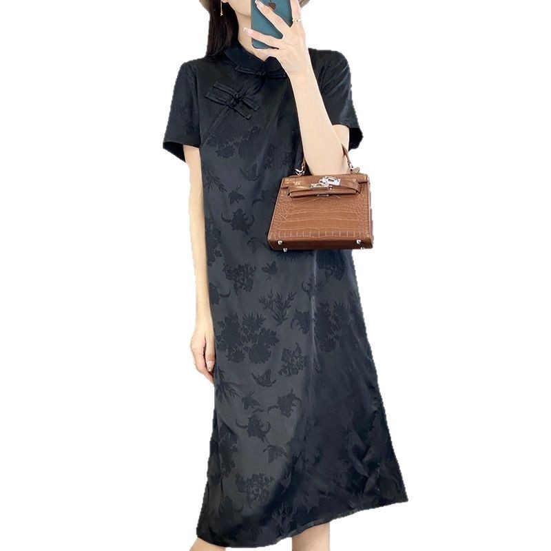 Midi haljina qipao od satena s jacquardom, 2025, novi kineski stil, elegantna retro, za sitnije veličine.