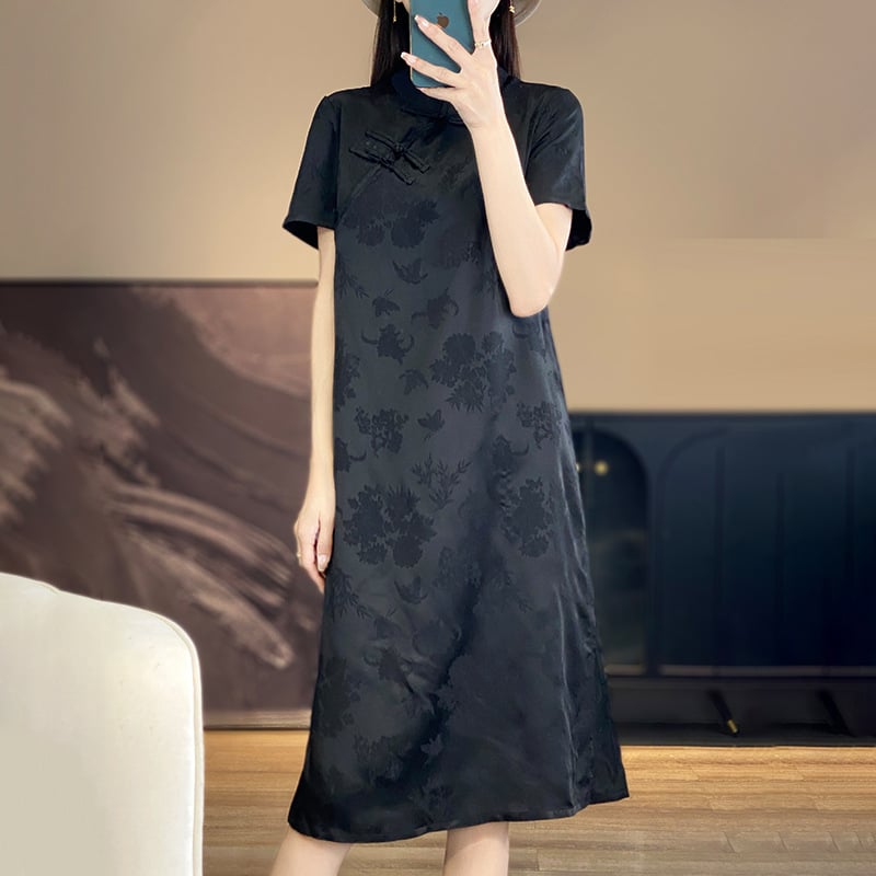 Midi haljina qipao od satena s jacquardom, 2025, novi kineski stil, elegantna retro, za sitnije veličine.