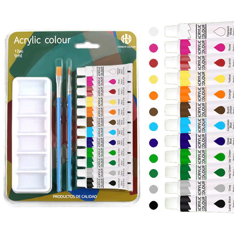 Set akrilnih uljnih boja, 9 ml, 12 boja, za početnike, dječji set za crtanje u kutiji