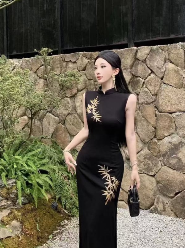 Nova kineska cheongsam haljina u modernom stilu, stojeći ovratnik, priljubljen kroj, večernja haljina srednje dužine