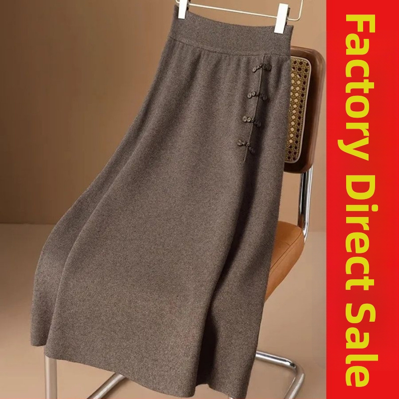 Vunena pletena midi suknja s visokim strukom, jednobojna, elastična, wrap stil, kineski čvorovi na kopčama