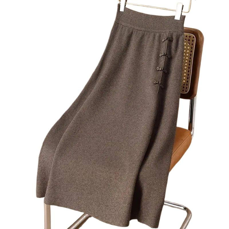 Vunena pletena midi suknja s visokim strukom, jednobojna, elastična, wrap stil, kineski čvorovi na kopčama