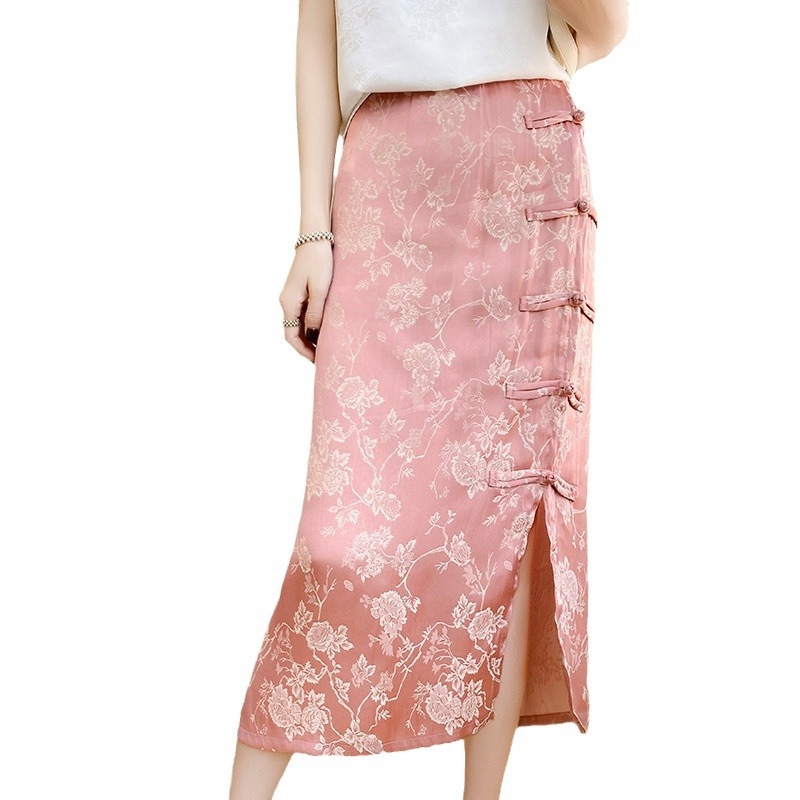 Nova midi suknja u kineskom stilu, inspirirana tradicionalnim odijevanjem, s bočnim šlicom, tijesnim krojem, jacquard tkanina, elegantna i intelektualna za ljeto
