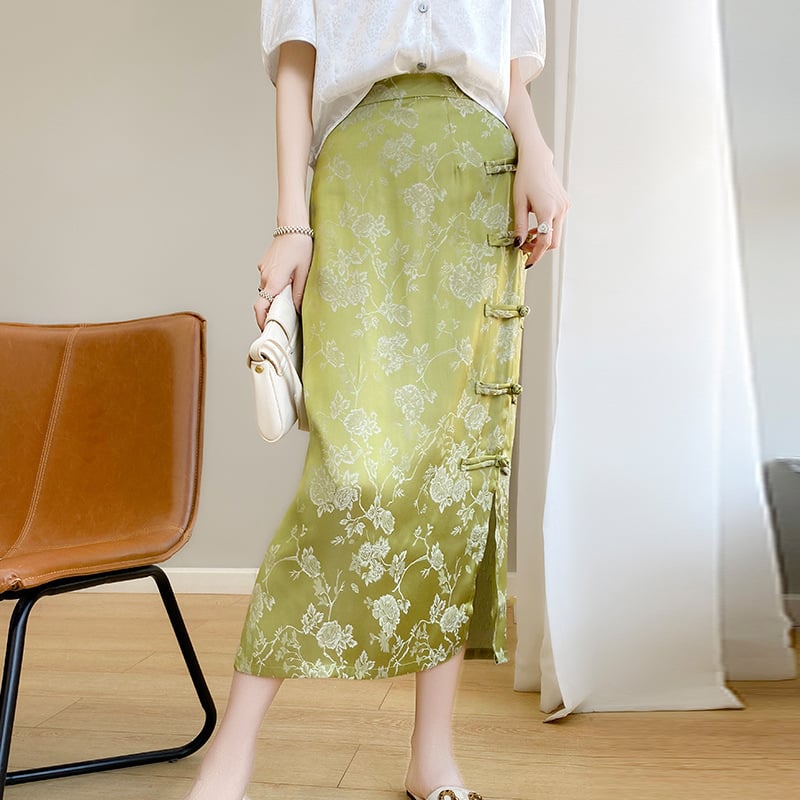 Nova midi suknja u kineskom stilu, inspirirana tradicionalnim odijevanjem, s bočnim šlicom, tijesnim krojem, jacquard tkanina, elegantna i intelektualna za ljeto