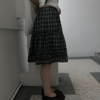 Korejski inspirirana retro japanska karirana suknja tipa kišobran s elastskim pojasom, srednja duljina, školski stil, za žene.