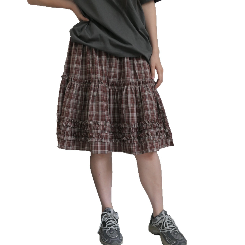 Korejski inspirirana retro japanska karirana suknja tipa kišobran s elastskim pojasom, srednja duljina, školski stil, za žene.