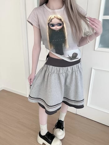 Coy* plisirana midi suknja s čipkom i patchworkom, visokim pojasom, školski stil, lažni dvodijelni izgled
