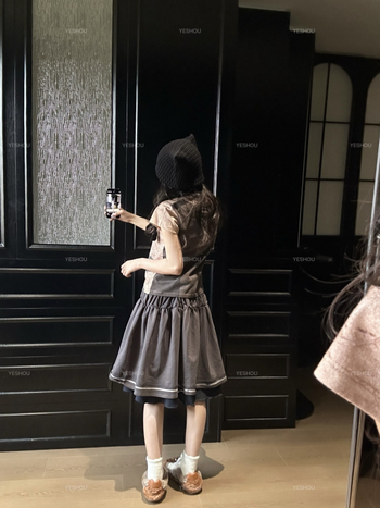 Coy* plisirana midi suknja s čipkom i patchworkom, visokim pojasom, školski stil, lažni dvodijelni izgled