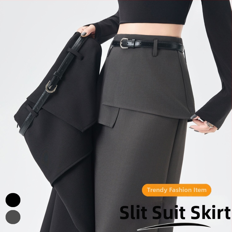 Suknja inspirirana dvodijelnim kostimom, za žene, jesen-zima, visokim strukom, vitak kroj, casual i svestran, s prednjim prorezom, prilagodljiva bokovima.