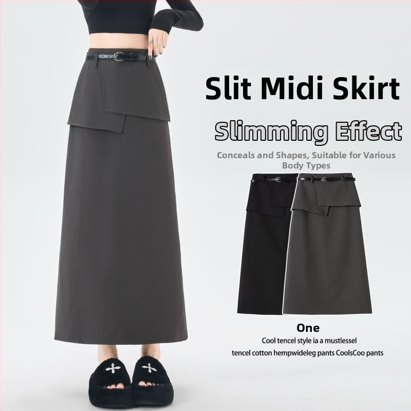 Suknja inspirirana dvodijelnim kostimom, za žene, jesen-zima, visokim strukom, vitak kroj, casual i svestran, s prednjim prorezom, prilagodljiva bokovima.