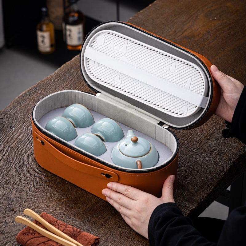 Пътуващ комплект за чай Tianqing Ru Kiln - пълен комплект, преносим чайник с дръжка и аксесоари, подходящ за подарък