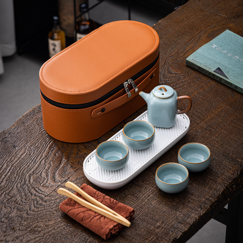 Пътуващ комплект за чай Tianqing Ru Kiln - пълен комплект, преносим чайник с дръжка и аксесоари, подходящ за подарък