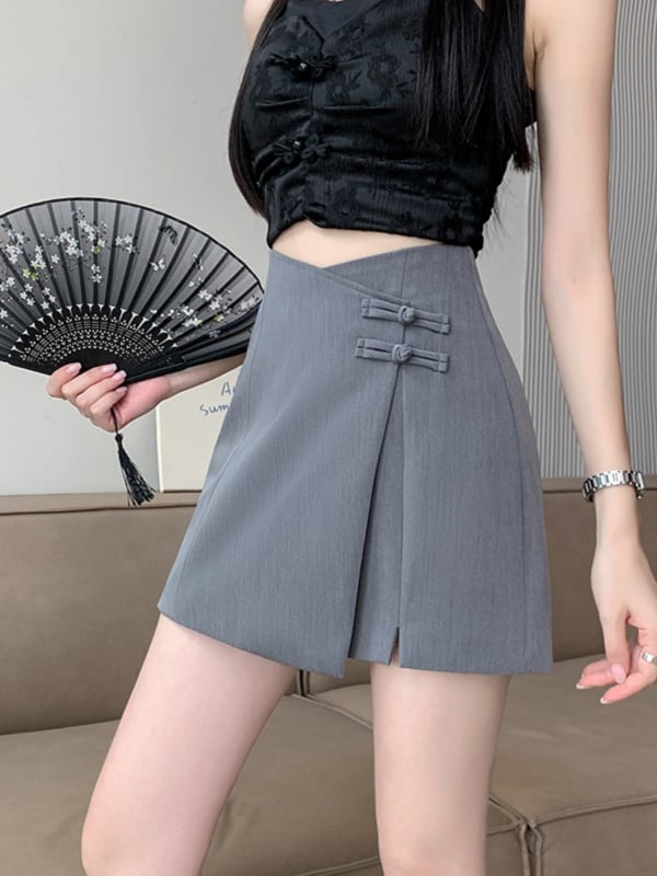 Nepravilni čvor kopče, visoki pojas, A-linijska suknja-pantalone, bočni prorez, kineska inspiracija, ljetni stil za niže žene