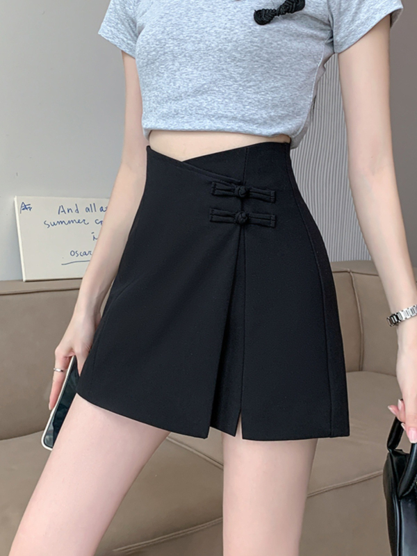Nepravilni čvor kopče, visoki pojas, A-linijska suknja-pantalone, bočni prorez, kineska inspiracija, ljetni stil za niže žene