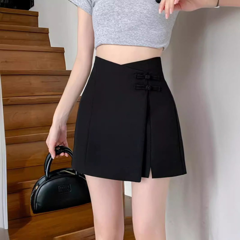 Nepravilni čvor kopče, visoki pojas, A-linijska suknja-pantalone, bočni prorez, kineska inspiracija, ljetni stil za niže žene