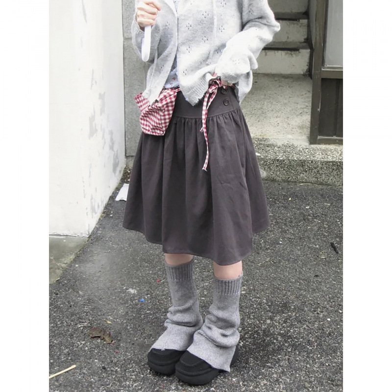 Nova japanska retro, lagan azijski štih s cvjetnim plisiranjem, siva A-linijska midi suknja iznad koljena za žene