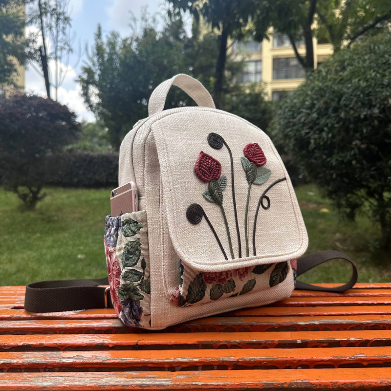Vintage vászon hátizsák elefántos mintával, Yunnan etnikus stílus, fonott viaszos zsinóros díszítéssel