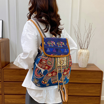 Ženski ruksak u etničkom stilu sa vezenim jacquard tkaninom, velika kapaciteta, zatvaranje šnuralom uz klopu, školski stil.
