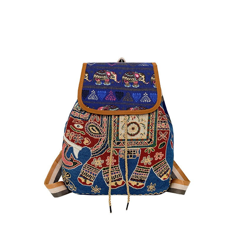 Ženski ruksak u etničkom stilu sa vezenim jacquard tkaninom, velika kapaciteta, zatvaranje šnuralom uz klopu, školski stil.