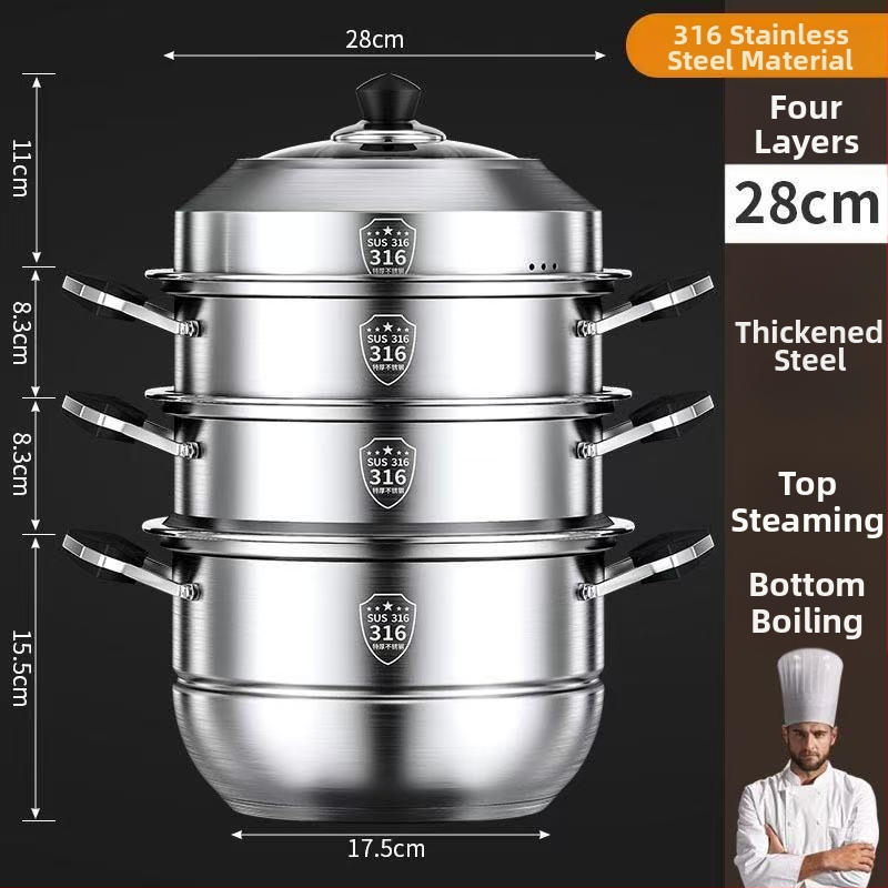 316 nehrdzavejúcej ocele parný hrniec pre domáce použitie, viacvrstvový, zosilnený, s parným kosom, viacfunkčné parenie a varenie, veľký objem, kompatibilný s viacerými sporákmi