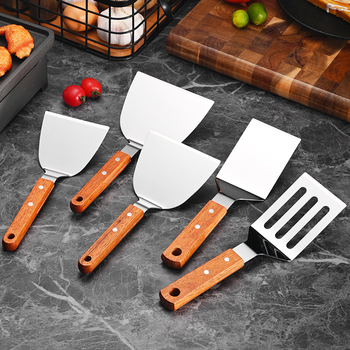 Неръждаема стомана шпатула с дървена дръжка за Teppanyaki, за стек, триъгълна шпатула, пица и палачинки
