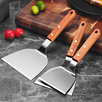 Неръждаема стомана шпатула с дървена дръжка за Teppanyaki, за стек, триъгълна шпатула, пица и палачинки