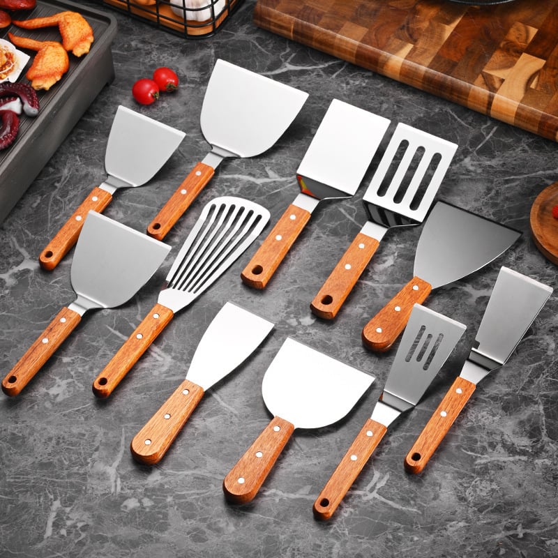 Неръждаема стомана шпатула с дървена дръжка за Teppanyaki, за стек, триъгълна шпатула, пица и палачинки