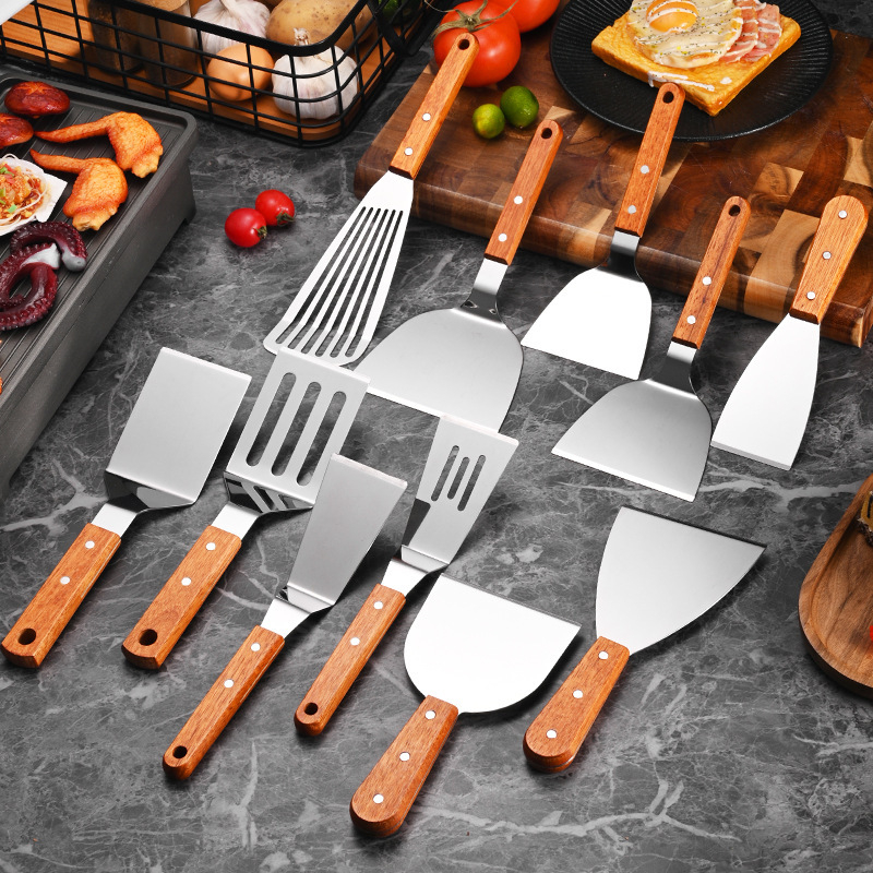 Неръждаема стомана шпатула с дървена дръжка за Teppanyaki, за стек, триъгълна шпатула, пица и палачинки