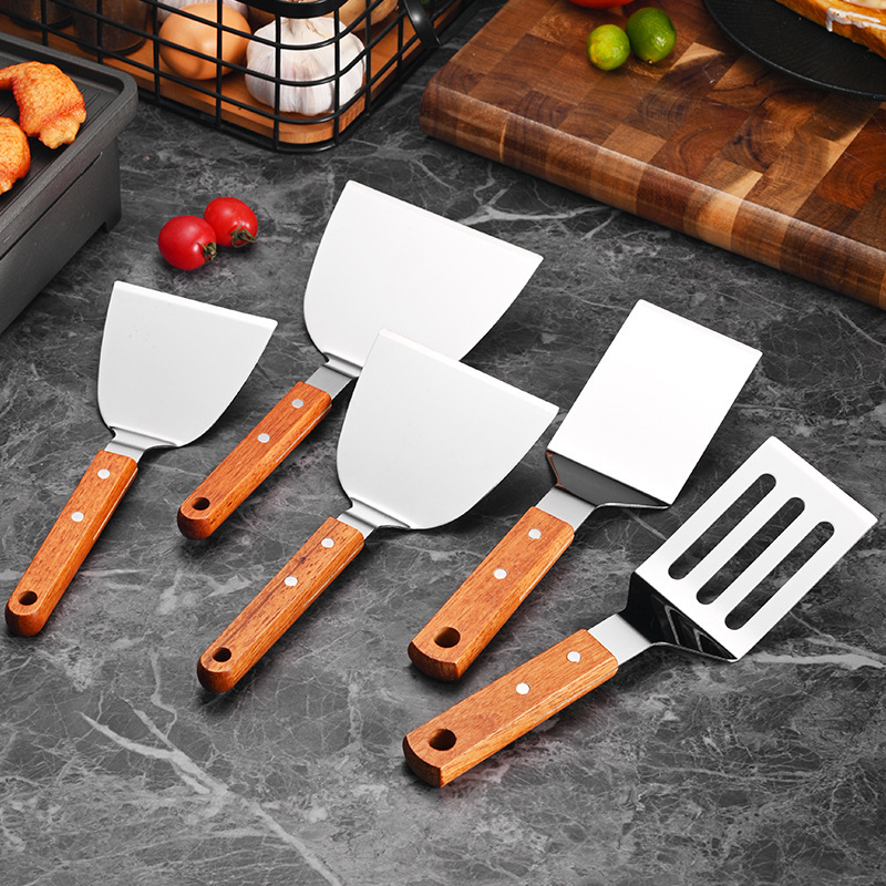 Неръждаема стомана шпатула с дървена дръжка за Teppanyaki, за стек, триъгълна шпатула, пица и палачинки
