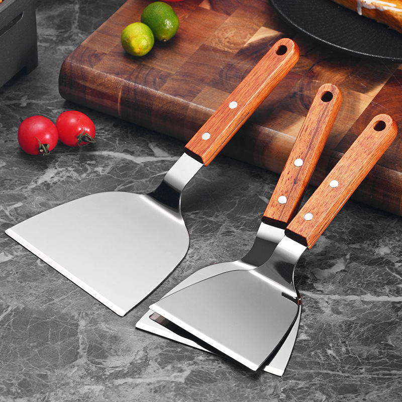Неръждаема стомана шпатула с дървена дръжка за Teppanyaki, за стек, триъгълна шпатула, пица и палачинки