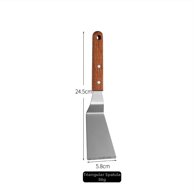 Nerezová oceľová špachtľa s drevenou rukoväťou na teppanyaki, steak, trojuholníková špachtľa, pizza a palacinky