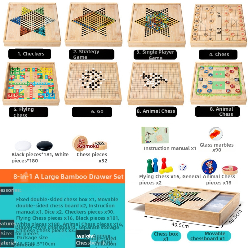Veliki drveni višefunkcionalni set društvenih igara: Flying Chess, Dama, Gomoku, Kineski šah i Go