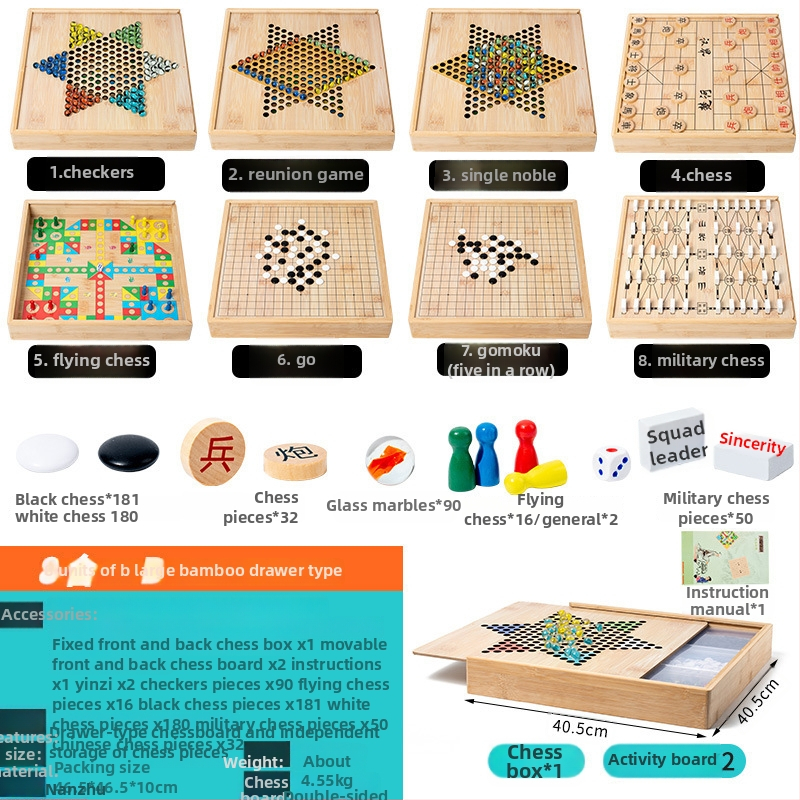 Veliki drveni višefunkcionalni set društvenih igara: Flying Chess, Dama, Gomoku, Kineski šah i Go