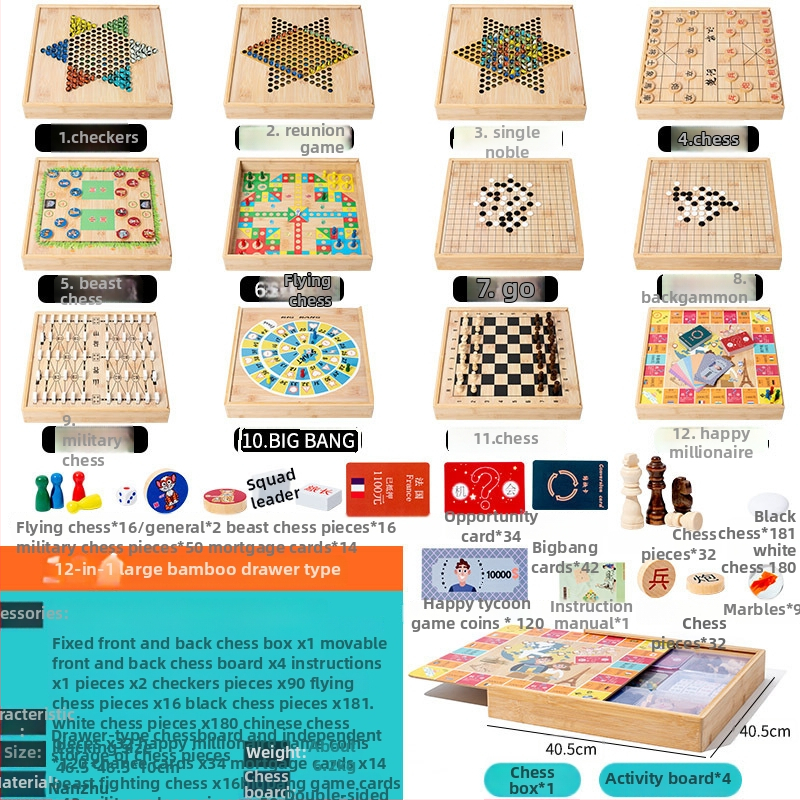 Veliki drveni višefunkcionalni set društvenih igara: Flying Chess, Dama, Gomoku, Kineski šah i Go