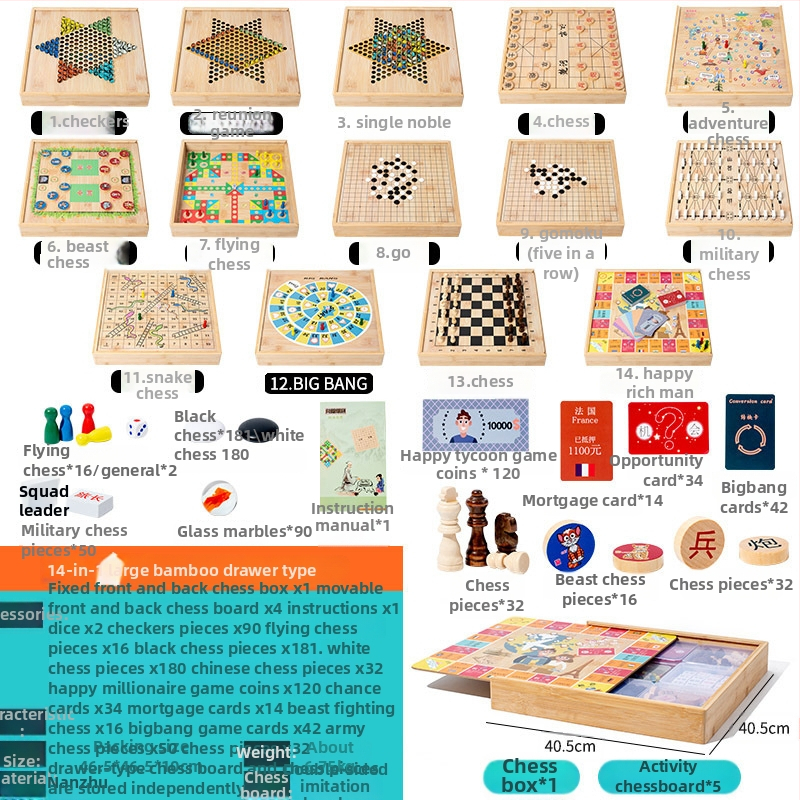 Veliki drveni višefunkcionalni set društvenih igara: Flying Chess, Dama, Gomoku, Kineski šah i Go