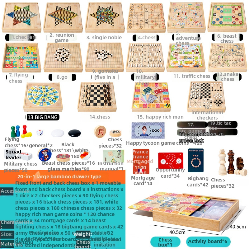Veliki drveni višefunkcionalni set društvenih igara: Flying Chess, Dama, Gomoku, Kineski šah i Go