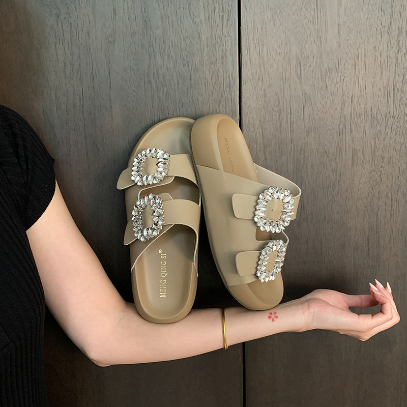 Sandale din piele naturală cu două curele și cataramă pătrată cu cristale, platformă cu înălțime 3–5 cm, încălțăminte de vară pentru exterior, mărime mică 32